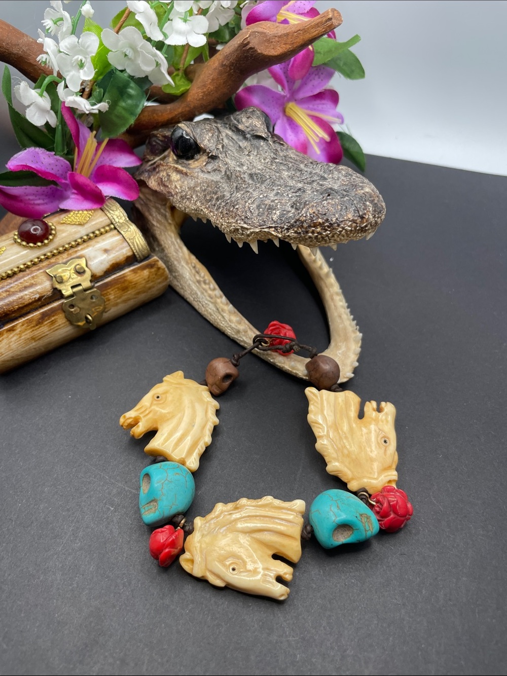Carved ox bone, coral and glass bracelet hand made